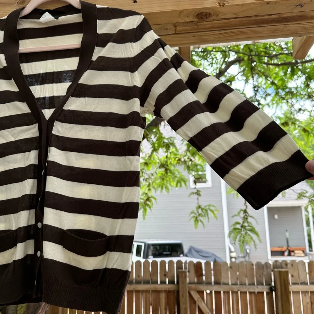 J. Crew Featherweight Chocolate Brown Ivory Cardigan Striped V Neck Cotton Large